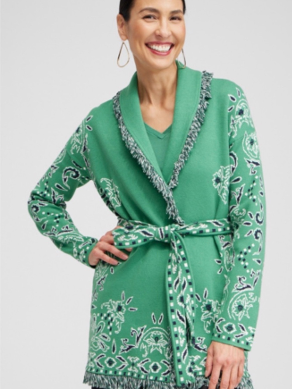 Chico's Fringe Bandana Print Cardigan in Twisted Ivy in XXL EUC